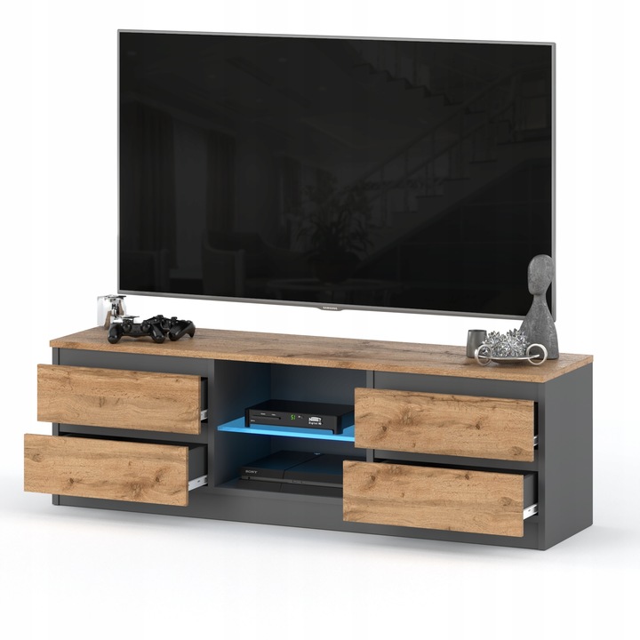 Szafka RTV 138cm Stolik pod TV Komoda stojąca 4 szuflady ANTRACYT DĄB