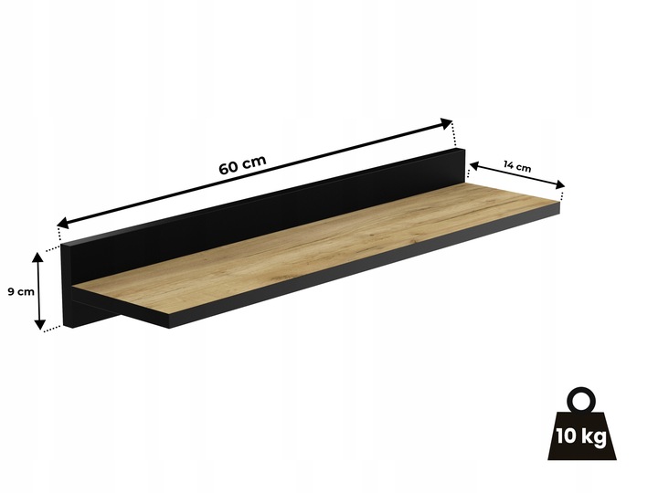 ZESTAW 2X PÓŁKA 60 CM PÓŁKI WISZĄCE DĄB Z CZARNĄ LISTWĄ DO SALONU