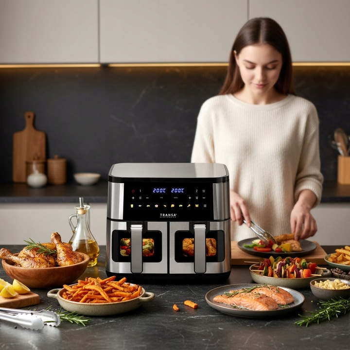 FRYTKOWNICA BEZTŁUSZCZOWA DWUKOMOROWA PODWÓJNA 9 PROGRAMÓW LED 9L