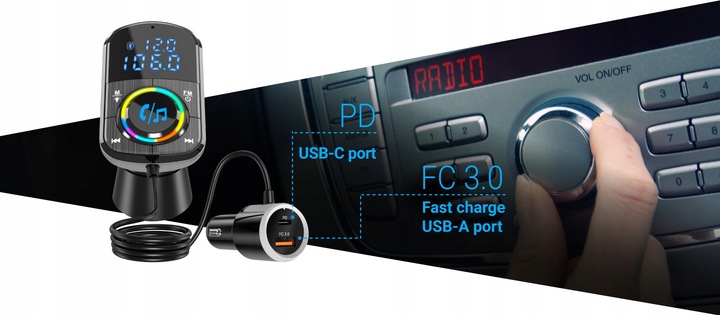 Transmitter FM Bluetooth NAVITEL BHF08 PRO -miernik napięcia, USB-A i USB-C