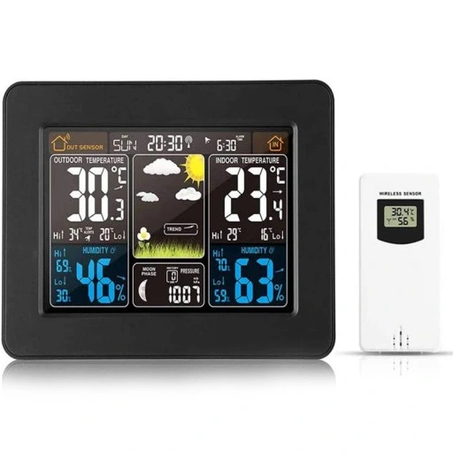 BEZPRZEWODOWA STACJA POGODY LCD POGODOWA HIGROMETR BAROMETR DCF + CZUJNIK