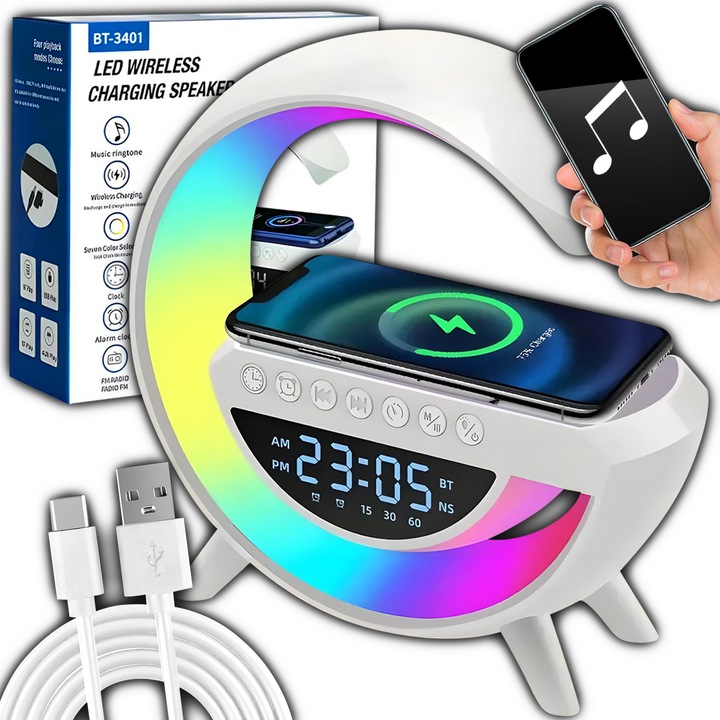 Lampka nocna biurkowa 6w1 | Zegar | Budzik | Radio | Ładowarka | Głośnik