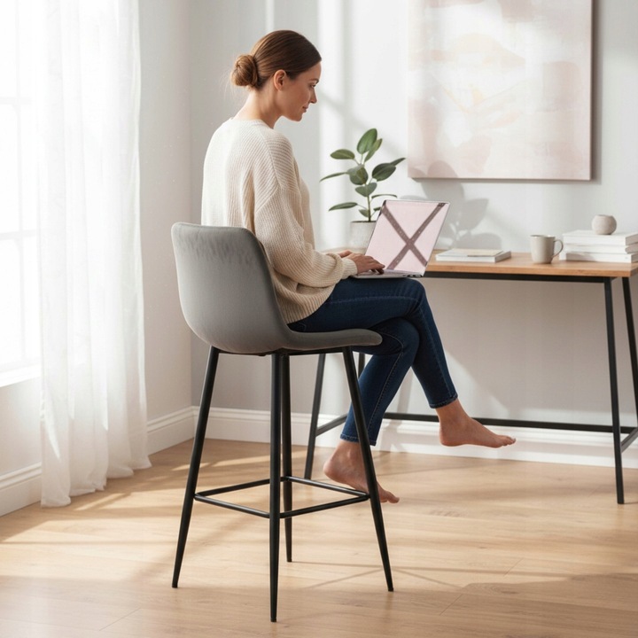 Hoker Barowy Tapicerowany z Oparciem Welurowy Szary do Salonu Wyspy