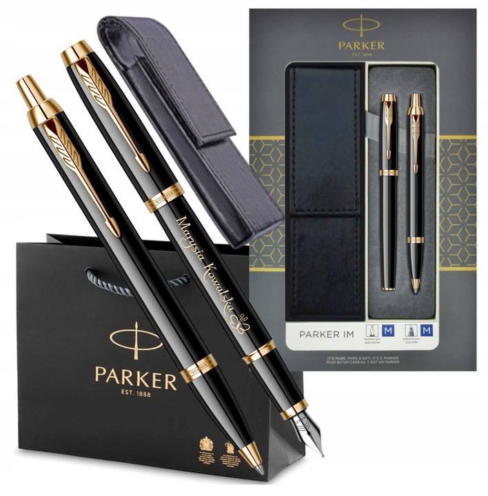 DŁUGOPIS I PIÓRO WIECZNE PARKER IM GT ZŁOCONE z GRAWEREM W PUDEŁKU Z ETUI