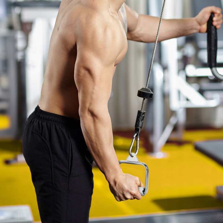 UCHWYT DO WYCIĄGU ATLASU POJEDYNCZY OBROTOWY STALOWY RYFLOWANY PLECY BICEPS