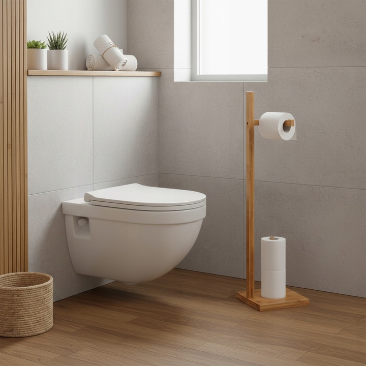STOJAK NA PAPIER TOALETOWY ZAPAS DREWNIANY UCHWYT BAMBUSOWY DO