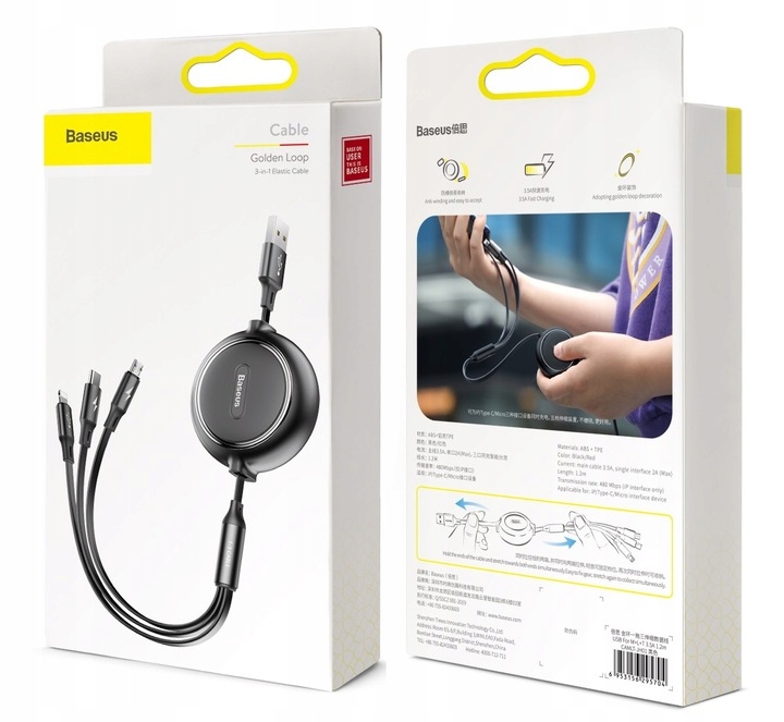 BASEUS MOCNY KABEL USB PRZEWÓD 3w1 do LIGHTNING MICRO TYP-C USB-C 3.5A 1.2M
