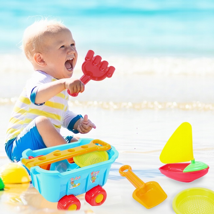 ZESTAW DO ZABAWY W PIASKU PIASKOWNICY WÓZEK TACZKA FOREMKI ŁOPATKI