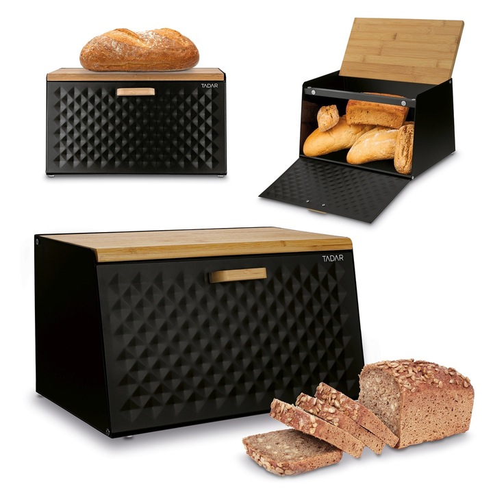 Elegancki CHLEBAK CZARNY metalowy pojemnik na chleb pieczywo Geometric