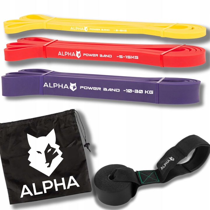 Zestaw 3 Gum Oporowych do Ćwiczeń z Uchwytem Gratis - Power Band ALPHA