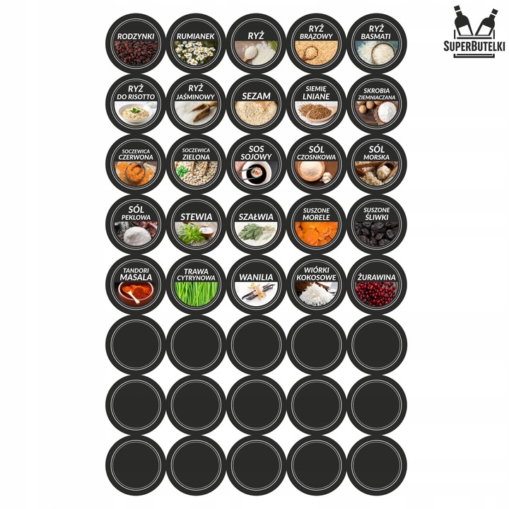 SZKLANE POJEMNIKI NA PRZYPRAWY 24x SŁOICZKI + 200 ETYKIET PRZYPRAWNIK