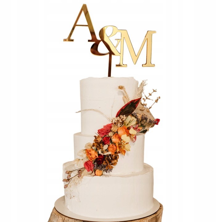 TOPPER TOPER PARY MŁODEJ INICJAŁY na tort ślubny ZŁOTY LUSTRZANY PLEXI