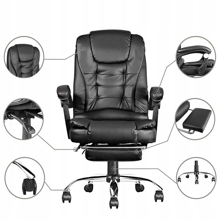 FOTEL BIUROWY OBROTOWY SKÓRZANY ERGONOMICZNY LC08 z MASAŻEM i