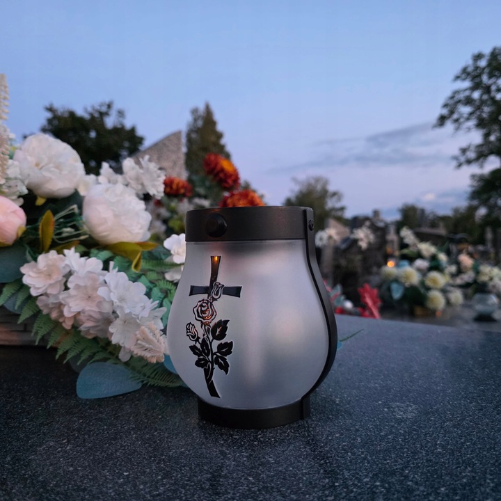 ZNICZ SOLARNY LED LAMPION NA GRÓB STATUETKA NA CMENTARZ RÓŻA KRZYŻ NAGROBNY