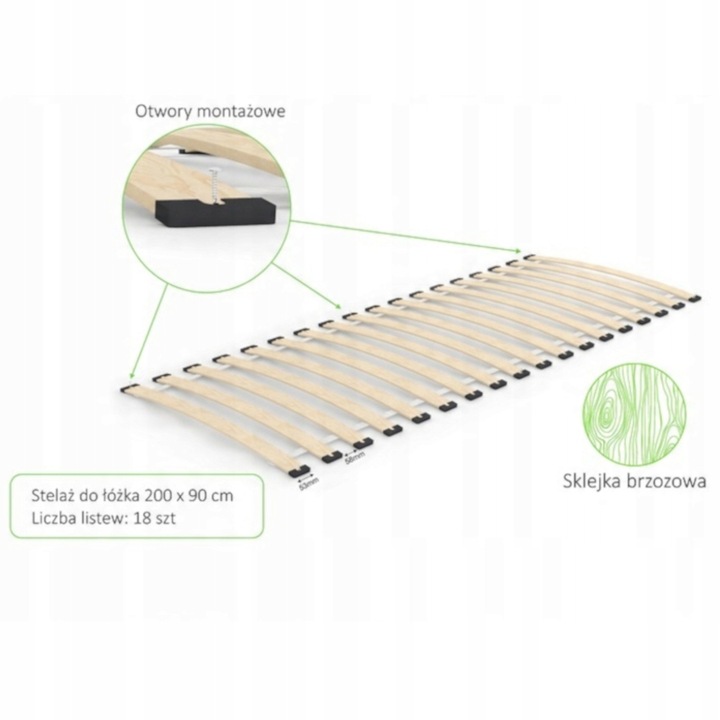 Stelaż sprężynujący 90x200 wkład pod materac 18 listew brzozowych