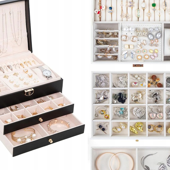 SZKATUŁKA NA BIŻUTERIE Z SZUFLADKAMI CZARNA ORGANIZER TRZY POZIOMY