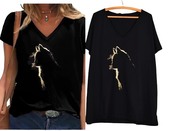 T-SHIRT OVERSIZE KOSZULKA BAWEŁNA ZŁOTA APLIKACJA KOTEK V dekolt L-XXXL T15