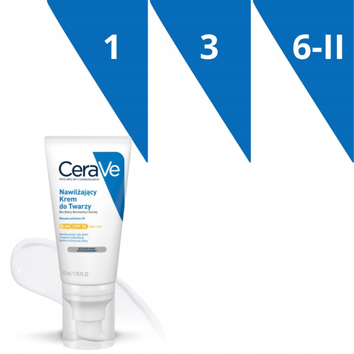 CeraVe Krem Nawilżający do Twarzy, Skóra Normalna i Sucha z SPF 50 52ml