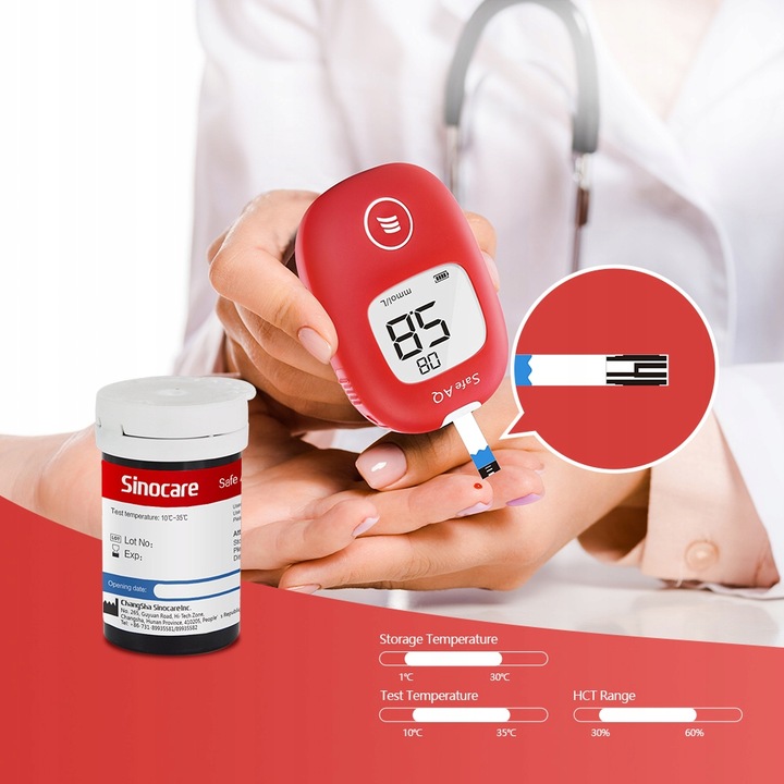 Glukometr Sinocare SAFE AQ SMART w mg/dl z 100 paskami i 100 lancetami