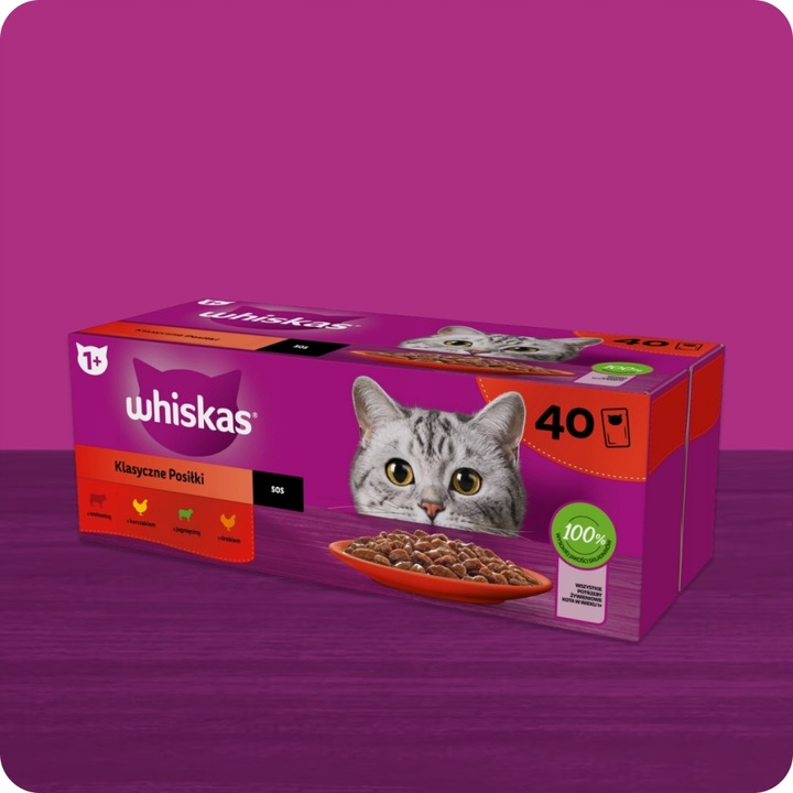 KARMA MOKRA WHISKAS KLASYCZNE POSIŁKI W SOSIE SASZETKI 40X85G