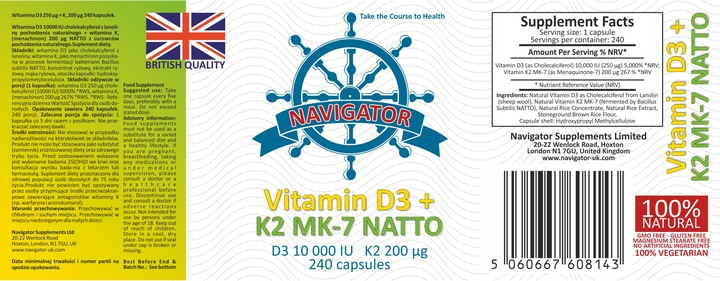Navigator Witamina D3 10000 IU K2 MK-7 Natto 200 mcg 240 kapsułek + GRATIS