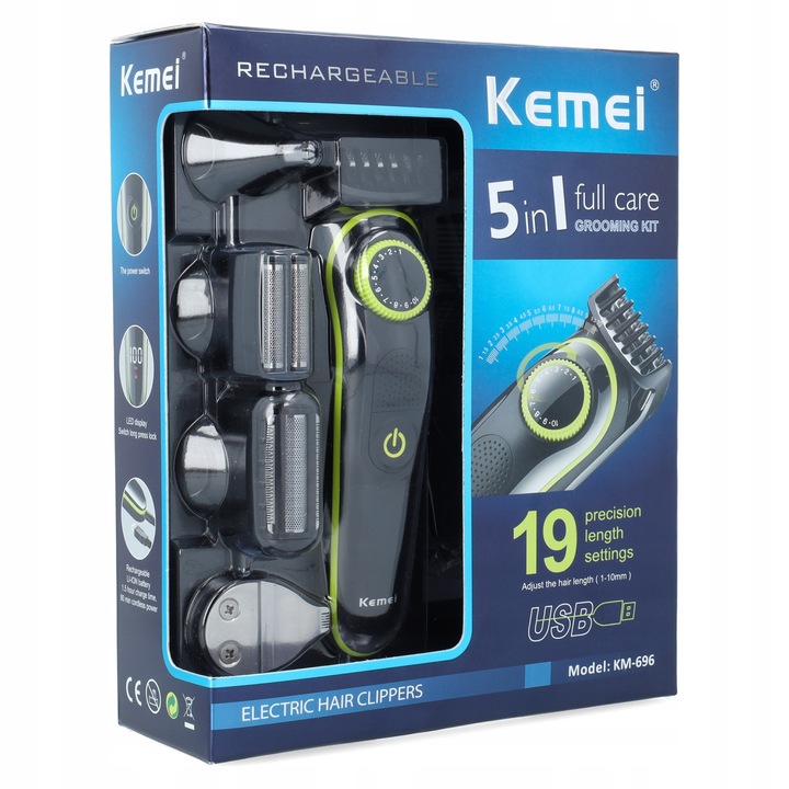 GOLARKA MĘSKA TRYMER DO BRODY WLOSÓW ZESTAW 5W1 KEMEI BARBER USB
