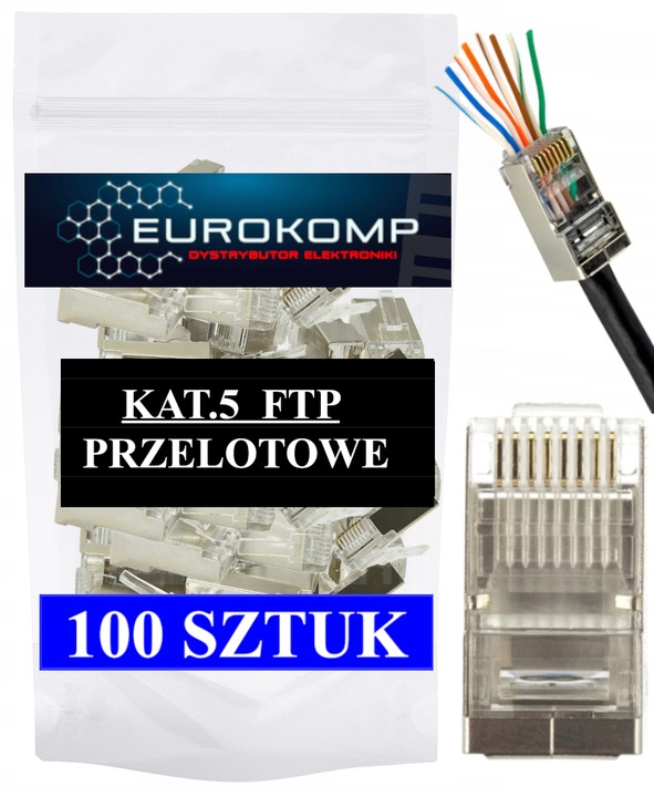 100x KOŃCÓWKI WTYK WTYKI RJ45 8P8C FTP KAT5e PRZELOTOWE EUROKOMP EKRANOWANE