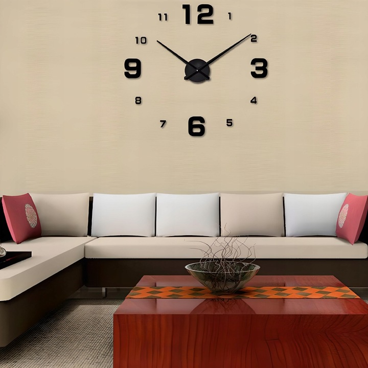 ZEGAR ŚCIENNY 3D NOWOCZESNY PRZYKLEJANY NA ŚCIANĘ CZARNY XXL 130 CM