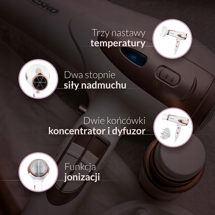 SUSZARKA DO WŁOSÓW Z JONIZACJĄ 2400W Zimny nawiew + Koncentrator i