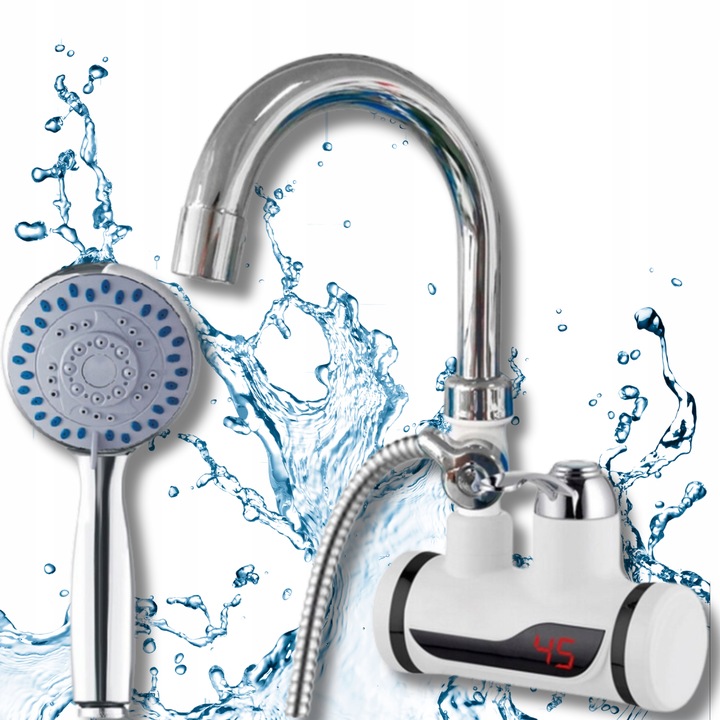 PODGRZEWACZ WODY PRZEPŁYWOWY KRAN ŚCIANA LCD 3000 Z PRYSZNICEM MONTAŻ +