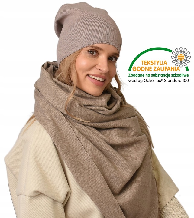 Jesienna CZAPKA damska nakrycie głowy polski producent latte gładka V3