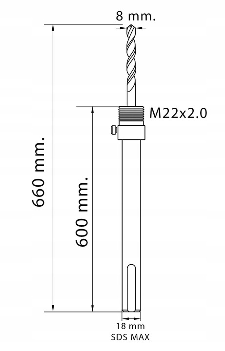 ADAPTER do OTWORNIC PRZEDŁUŻKA 600mm M22x2.0 KORONKI SDS MAX do BETONU