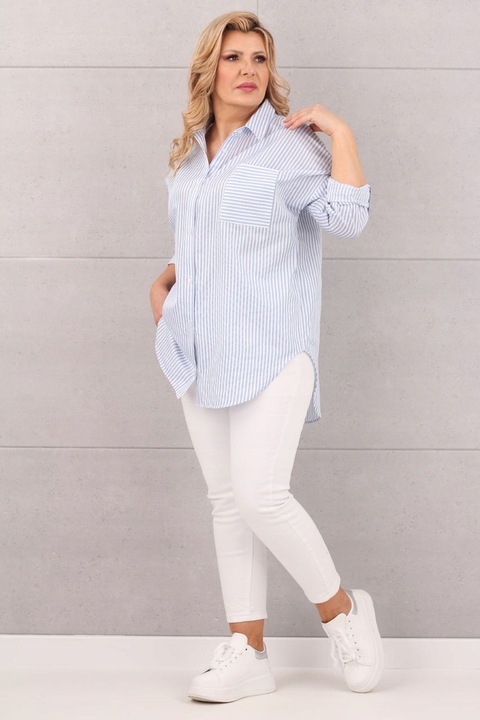 BAWEŁNIANA KOSZULA DAMSKA OVERSIZE WZÓR W PASKI LUŹNA DUŻE ROZMIARY