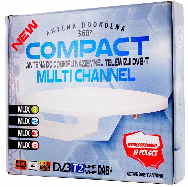 ANTENA DOOKÓLNA DVB-T2 AKTYWNA KOMPAKTOWA 4K HD MUXy Szara zasilanie USB