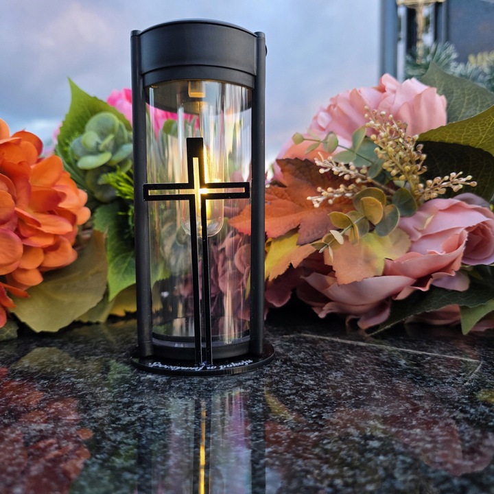 ZNICZ SOLARNY LED LAMPION NA GRÓB STATUETKA NA CMENTARZ Z KRZYŻEM