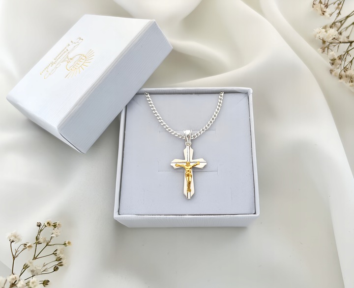 SREBRNY ZESTAW KOMUNIJNY ŁAŃCUSZEK I KRZYŻYK PREZENT DLA CHŁOPCA NA KOMUNIĘ
