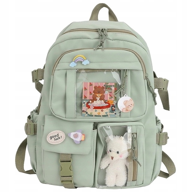 Plecak Szkolny ZIELONY Kl 1-3 z Misiem Przypinki Tornister dla Dziewczynki