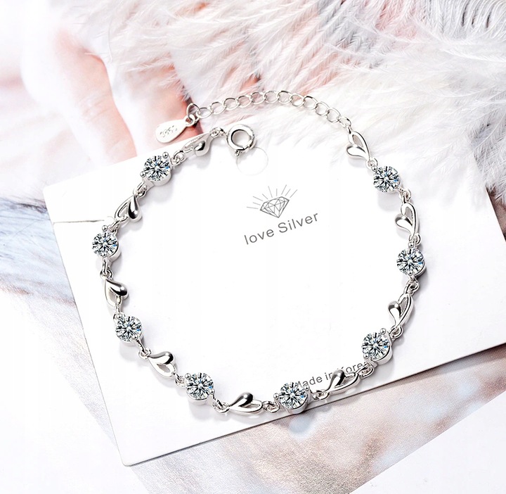 Bransoletka Damska SREBRNA Serce SREBRO 925 Łańcuszek Na Prezent Cyrkonia