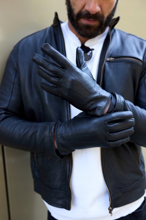 Rękawiczki skórzane męskie klasyczne DOTYKOWE z polarkiem miś