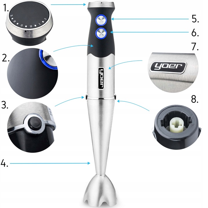 8w1 Blender ręczny Wielofunkcyjny Yoer +Tytanowe ostrza 1500W +14 ELEMENTÓW