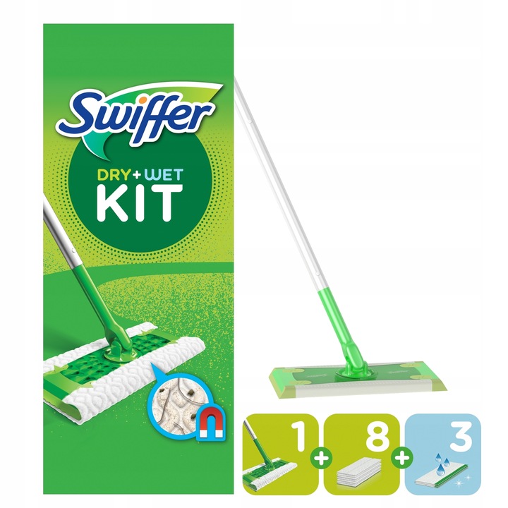 Swiffer Dry+Wet Kit Zestaw mop, 8 suchych i 3 mokre chusteczki do kurzu