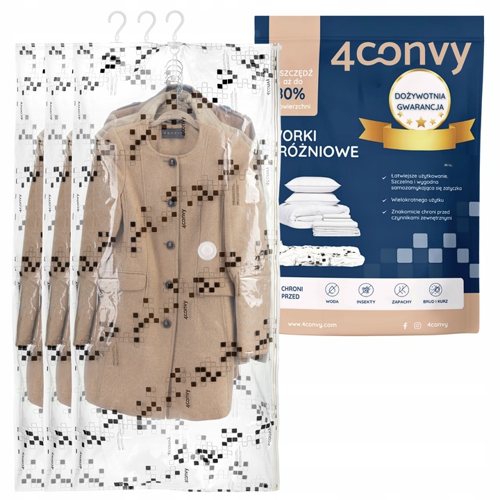 4CONVY 3x Wiszący worek próżniowy na ubrania z wieszakiem 70x140