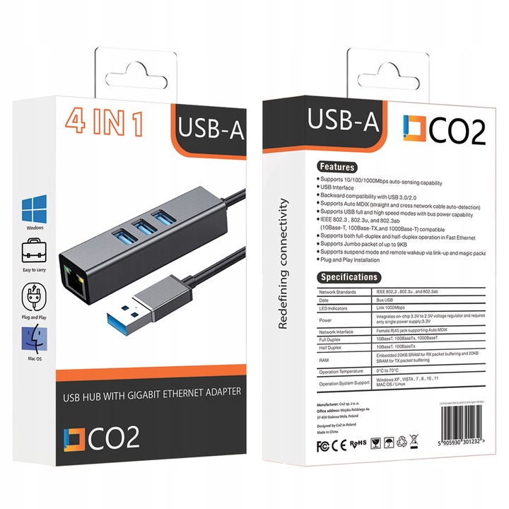 PRZEJŚCIÓWKA USB ETHERNET ADAPTER KARTA SIECIOWA LAN HUB USB GIGABIT RJ45