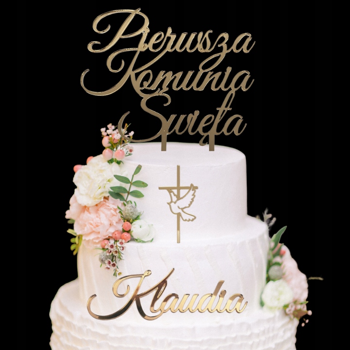 Topper na komunie złoty ZESTAW dekoracji na tort komunijny IMIĘ krzyż napis