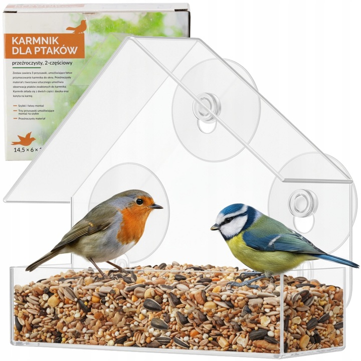 KARMNIK DLA PTAKÓW PRZEZROCZYSTY NA SZYBĘ OKNO NA ZIARNO SŁONECZNIK