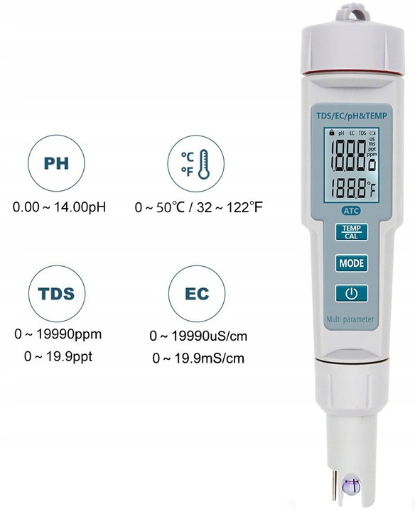 Miernik tester pH TDS EC Temp ATC 4w1 konduktometr