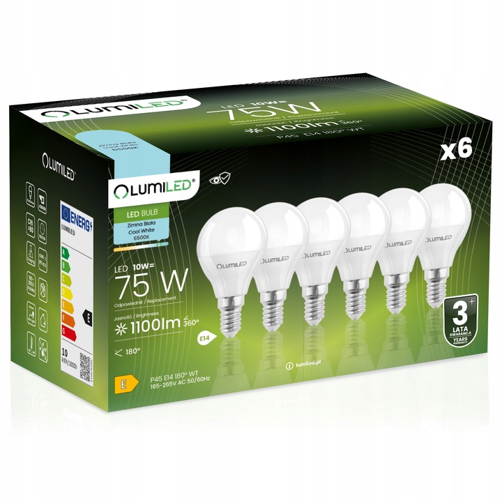 6x Żarówka LED E14 Kulka 10W = 100W 1100lm 6500K Zimna LUMILED NIE