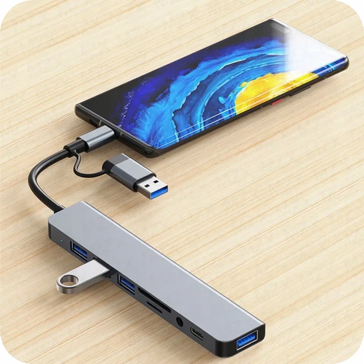 HUB ADAPTER UNIWERSALNY ROZDZIELACZ USB-C 8w1 CZYTNIK SD USB 3.0 AUDIO