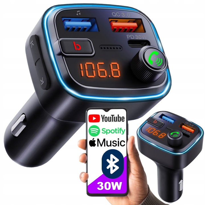 TRANSMITER FM BLUETOOTH 5.3 QC 3.0 PD30W MOCNY BASS ŁADOWARKA MIKROFON