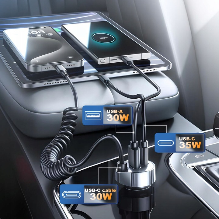 Mocna ładowarka samochodowa POLION USB-A 2xUSB-C 65W QC3.0 PD z przewodem